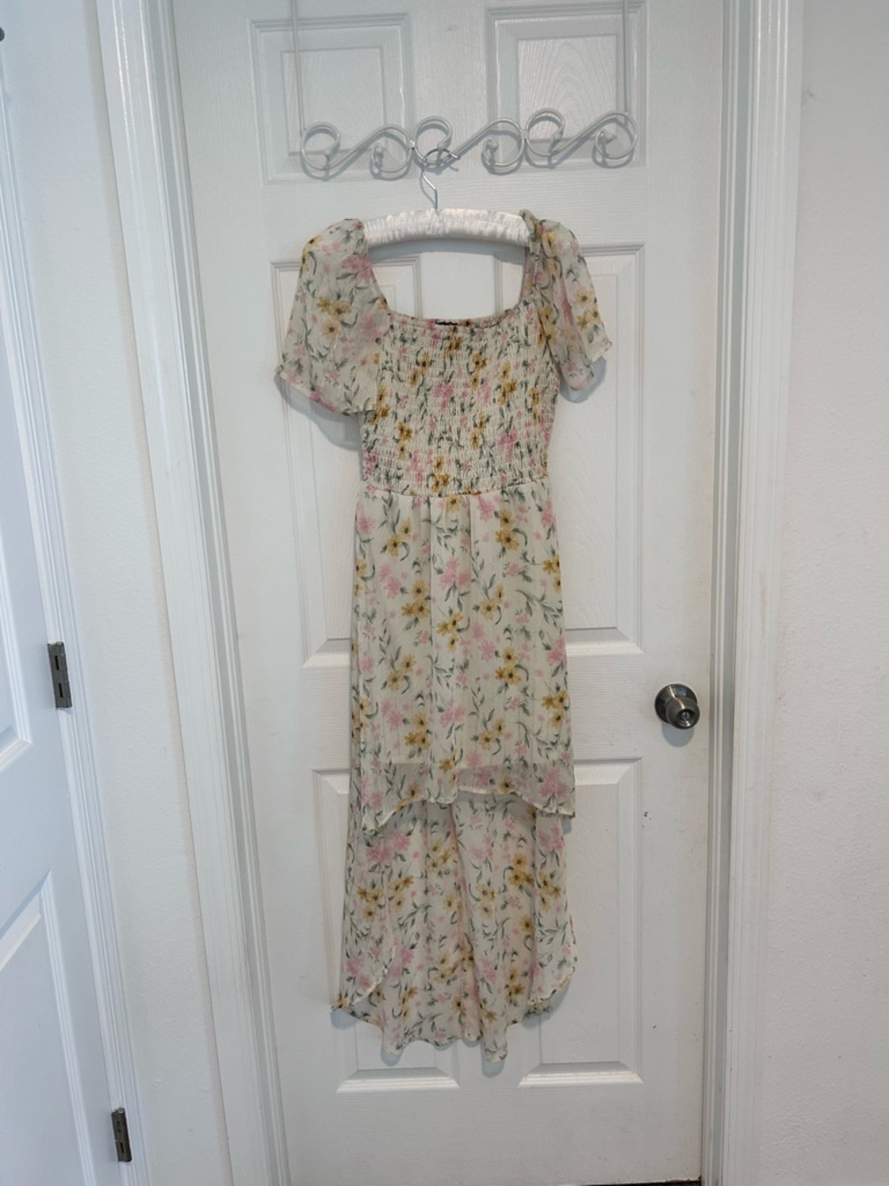 Lily Rose Cream Floral Smocked High-Low Dress Pink Yellow Blossoms Fairy Size S